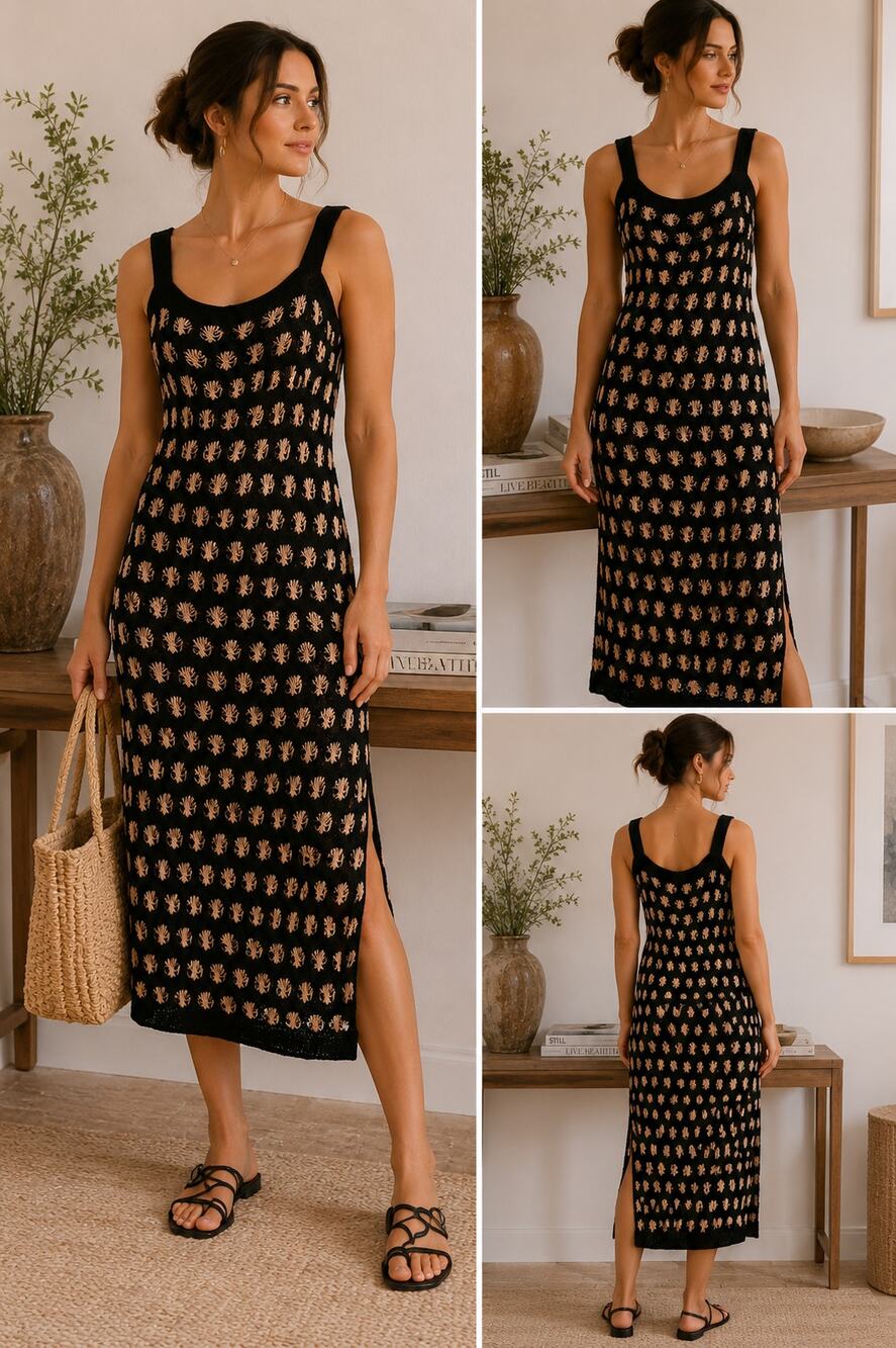 Evereve Black Crochet Knit Midi Dress Boho Resort Vacation Large ✨‎